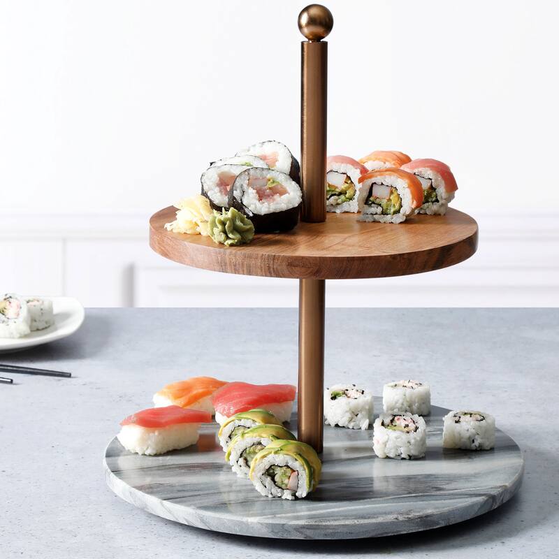 Laurie Gates California Designs Marble and Acacia Wood 2 Tier Server
