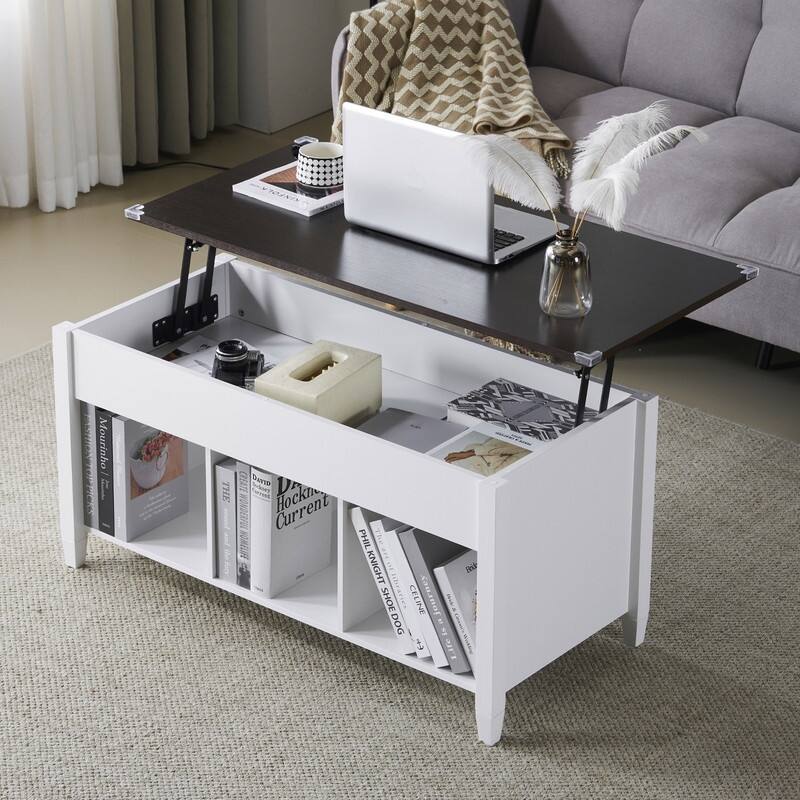VINGLI Adjustable Solid Wood Leg Double-Layer White Frame Rectangular P2 Board Coffee Table