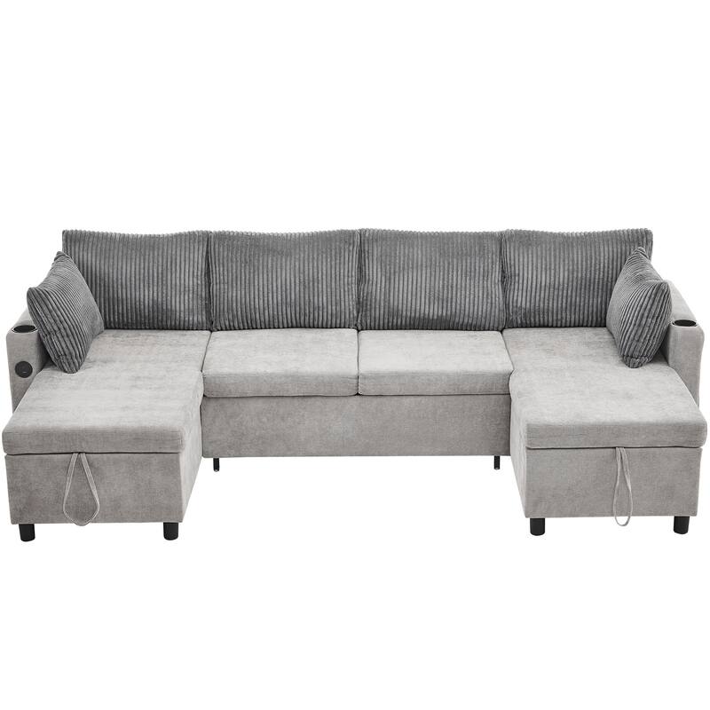 Chenille Sectional Sofa Convertible Sleeper Sofa, U Shaped Couch Sofa with 2 Storage Chaise Lounges and 2 Pillows