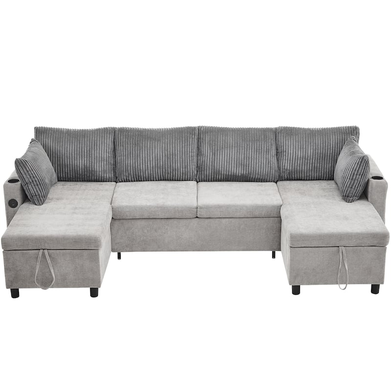 Corduroy L-shaped Sofa Sectional Sofa with 2 USB Ports and 2 Power Sockets, Storage Drawer Settee for Living Room