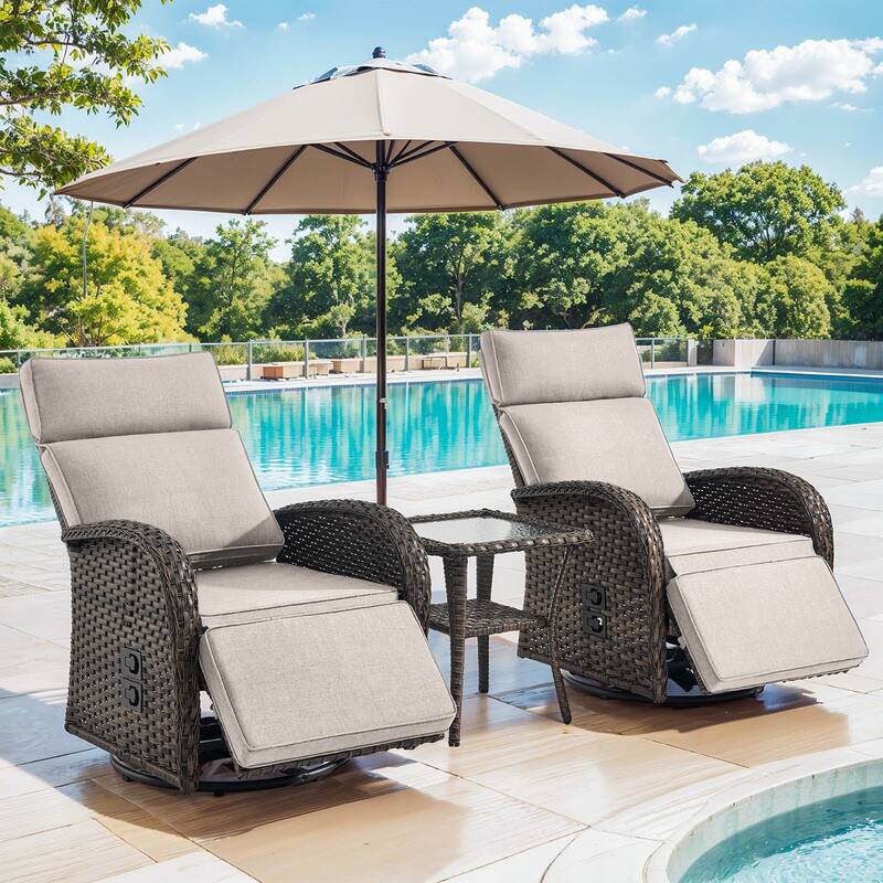 Pocassy 3PCS Versatile Outdoor Recliner Chair with Side Table Beige Cushion - Beige Cushion