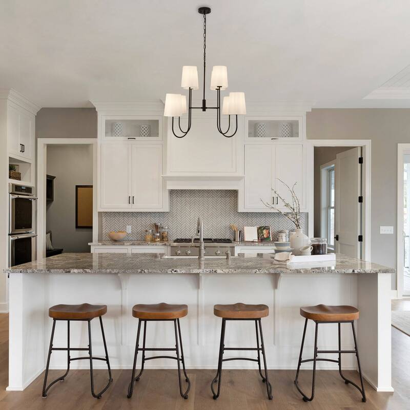 Modern 8 Light Chandelier with White Fabric Shades, Black Metal Frame, Mid Century Contemporary Ceiling Light - Matte Black