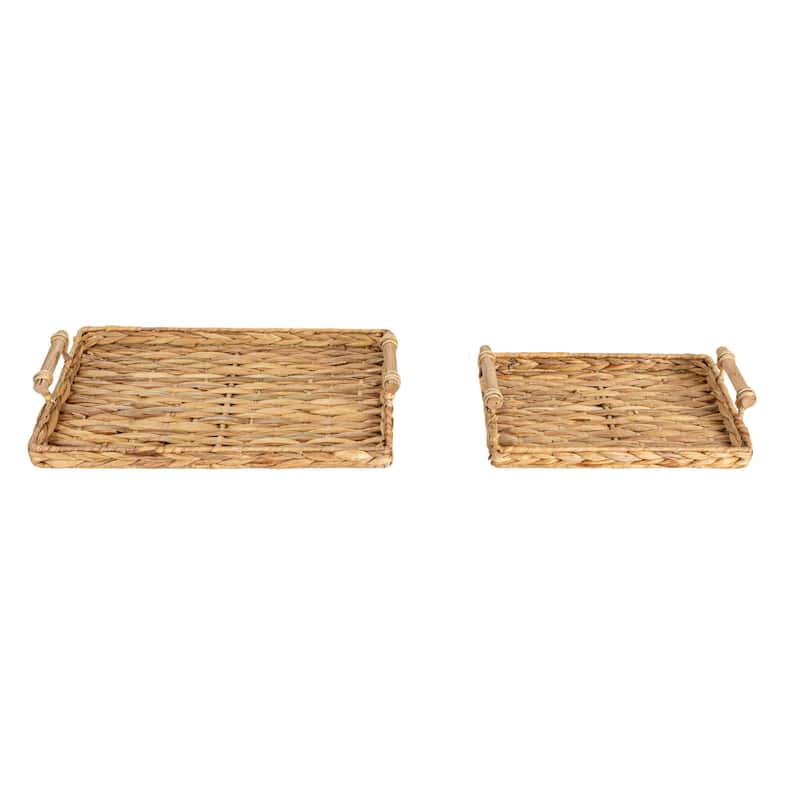 Household Essentials Handwoven Water Hyacinth Tray Set with Wood Handles, Set of 2