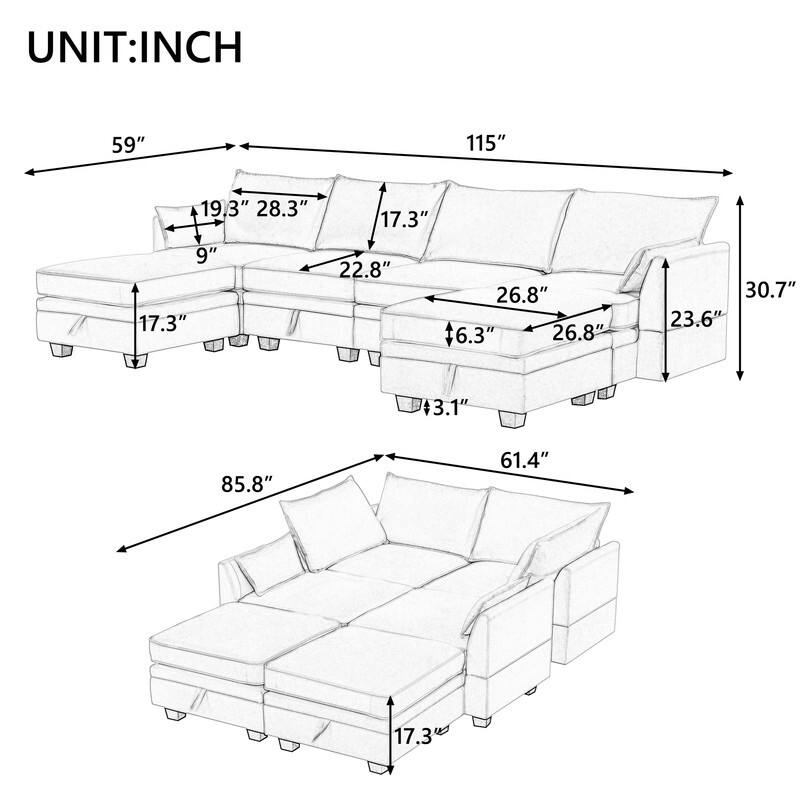 Large U-Shape Modular Sectional Sofa, Convertible Sleeper Sofa with Reversible Chaise
