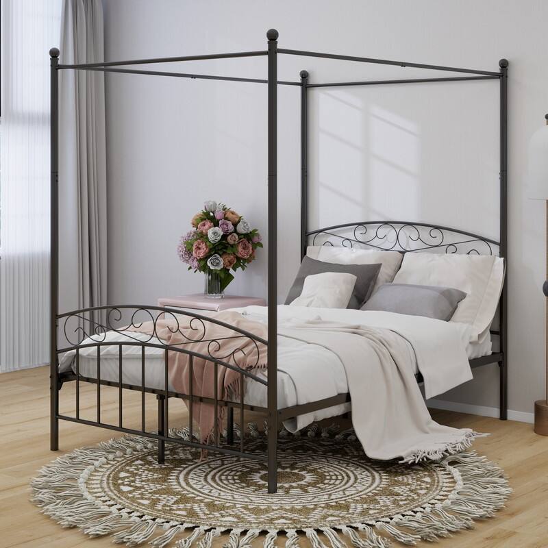 Caxkun Canopy Bed Frame Four-Poster Metal Platform Bed - Black - Full