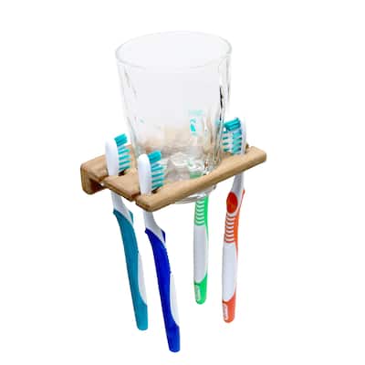 Teak Wall Mount Glass & Toothbrush Holder - 4-3/4" W x 1-1/16" H x 3-1/4" D