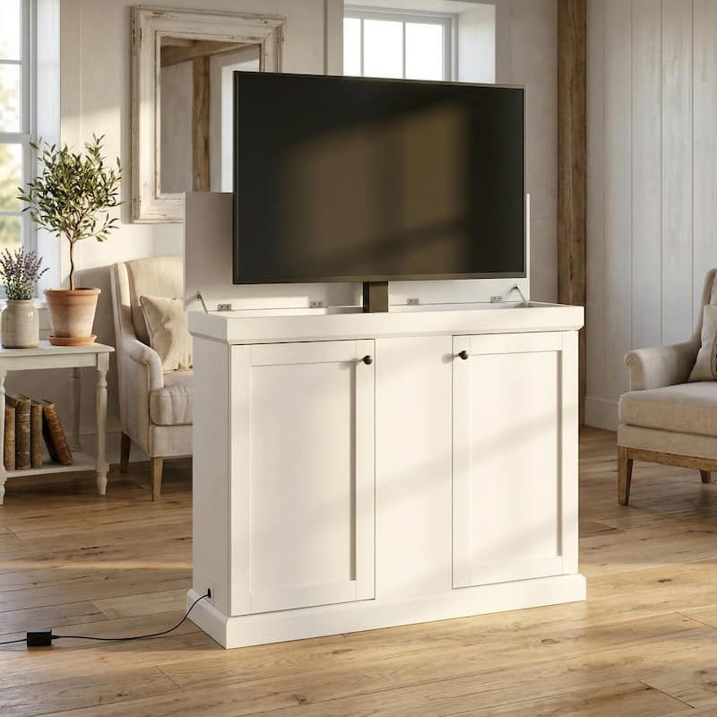 Motorized TV Lift Cabinet for TVs up to 50 Inch, Pop Up TV Lift Console with Remote Control, Hidden TV Cabinet Stand - White