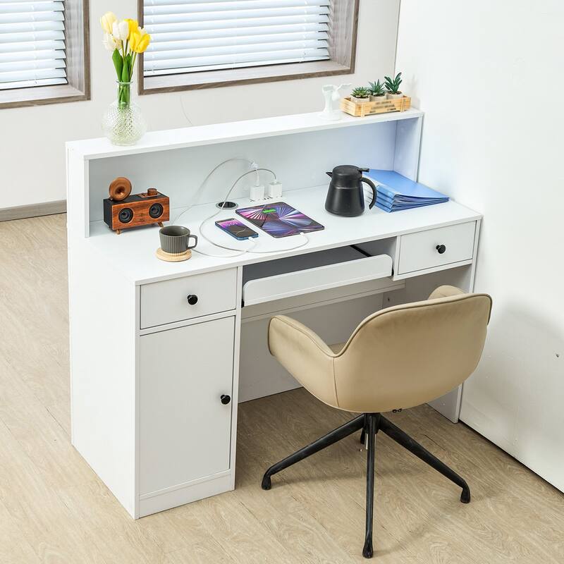 White MDF Reception Desk with LED, Drawers and Keyboard Tray