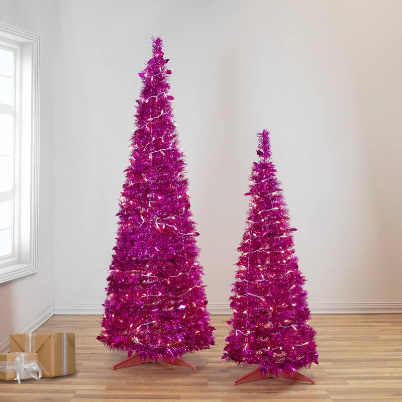4' Pre-Lit Pink Tinsel Pop-Up Artificial Christmas Tree, Clear Lights - 4 Foot