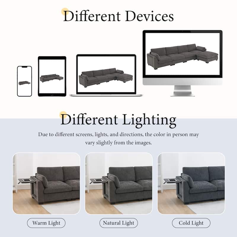 L-Shape Sectional Sofa with Folding Table, Dual-Port Charging, Side Pockets, 2 Pillows, Movable Ottoman, Chenille Modular Sofa