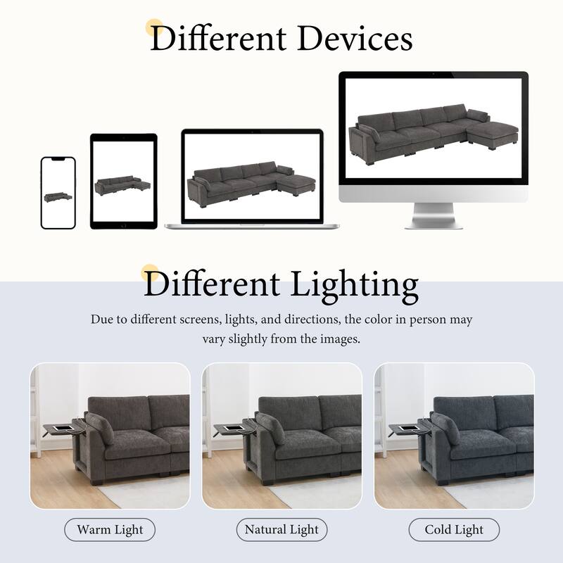 Modular L-Shaped Sectional Sofa with Foldable Table, Dual USB Charging, Side Storage Pockets and Movable Ottoman