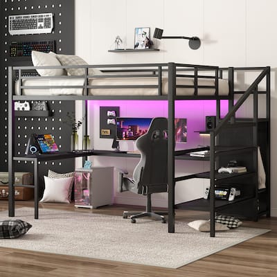 Queen Size Metal Loft Bed with Wardrobe,L-shaped Desk and USB
