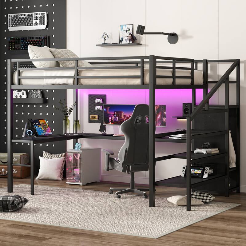 Roomfitters Queen Size Metal Loft Bed with L-Shaped Desk, USB Ports, LED Lighting & Adjustable Shelves, Black