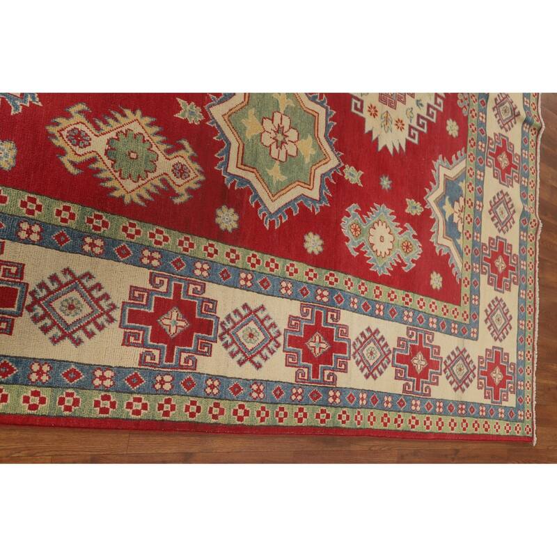 Geometric Kazak Area Rug Hand-Knotted Red Wool Carpet - 8'0" x 11'0"