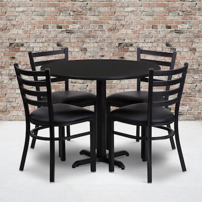 36'' Round Laminate Table Set with X-Base and 4 Ladder Back Metal Chairs