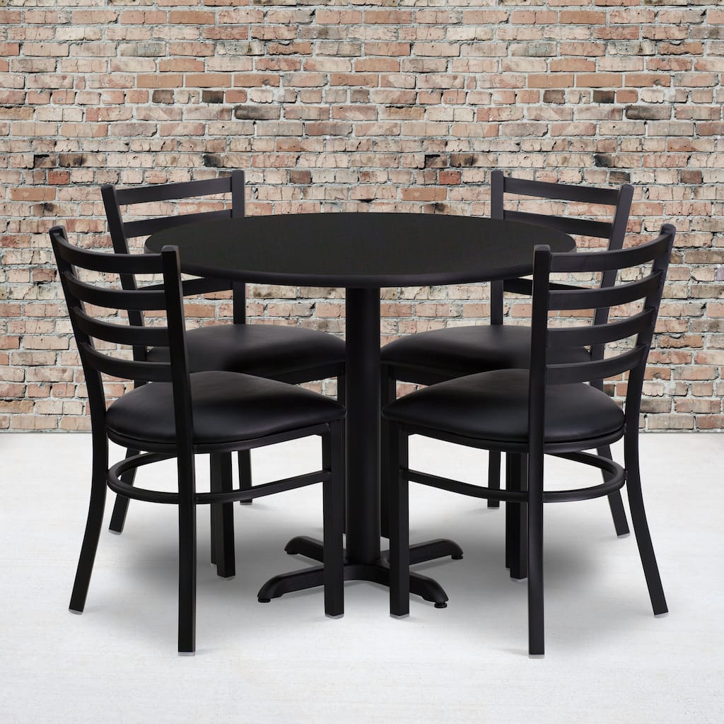 36'' Round Laminate Table Set with X-Base and 4 Ladder Back Metal Chairs