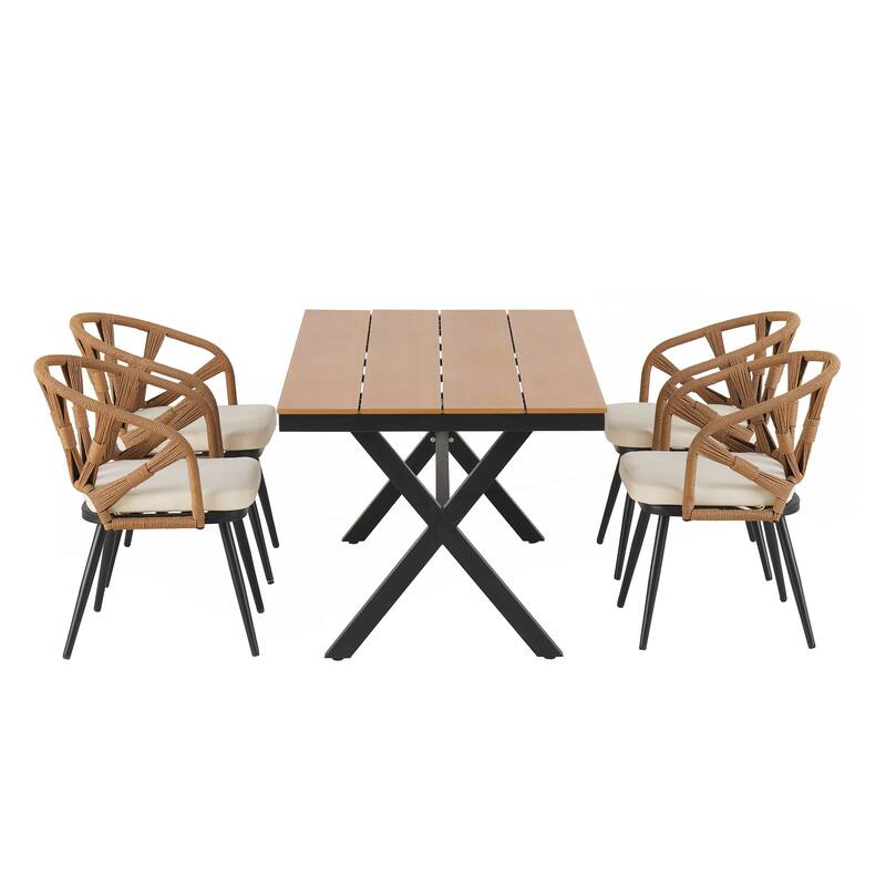 Contemporary Outdoor Set with PE Rattan Chairs and Plastic Wood Table