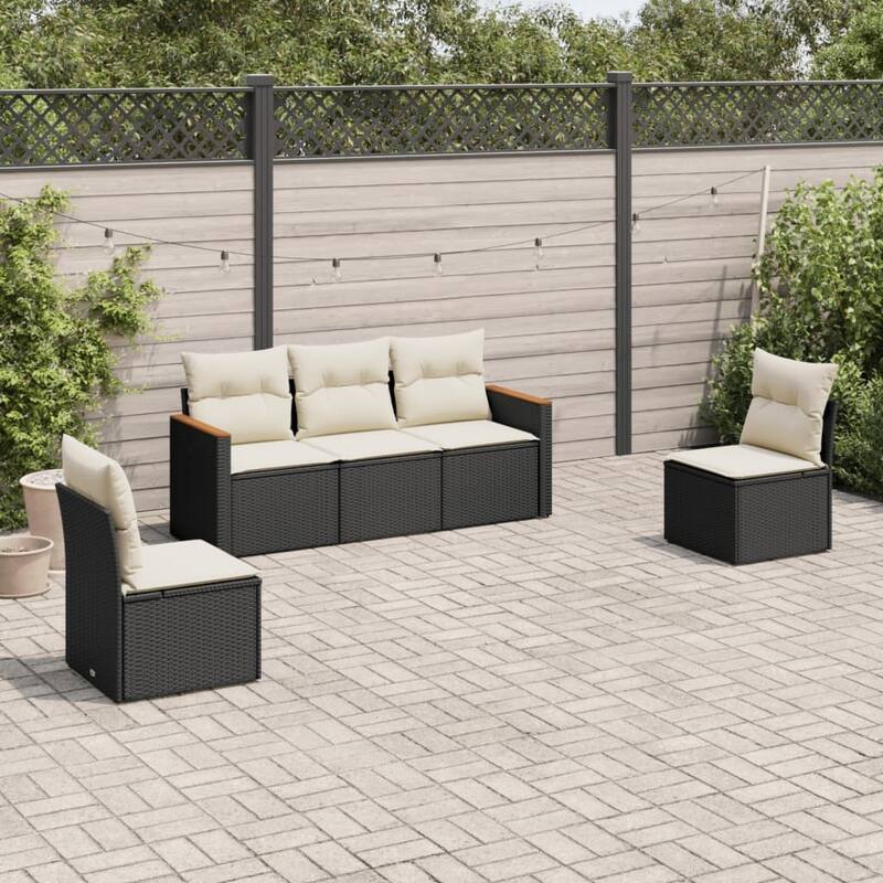 vidaXL Patio Sofa Set with Cushions Outdoor Conversation Furniture Poly Rattan - Black and cream without table - 24.4 x 24.4 x 27.2 in