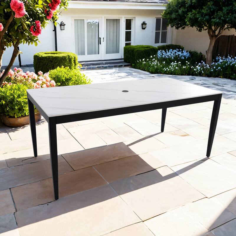 35.5" x 71" Outdoor Aluminum Dining Table with Sintered Stone Top, Tapered Legs – Weatherproof, Seats Six