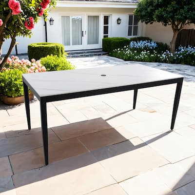 Outdoor Modern Patio 35.5"x71" Aluminum Dining Table, Greek White Marble-Inspired Sintered Stone Top, Weatherproof & Rust-Free
