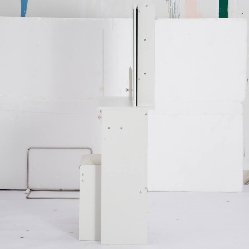 29.2" Small Space Left Drawer Desktop Vanity Table + Cushioned Stool, Extra Large Right sliding mirror