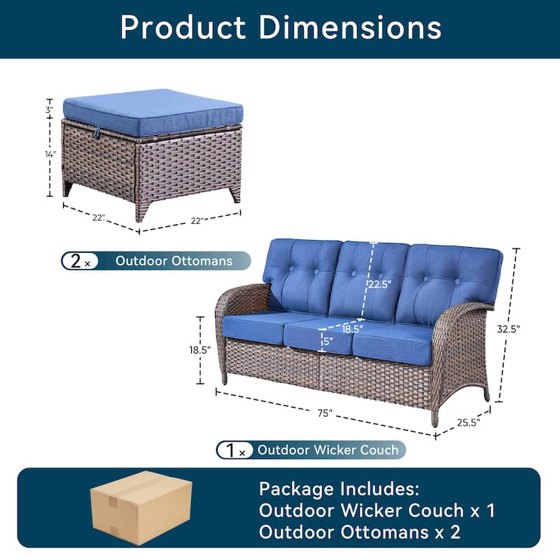 3 Pieces Pocassy 3-Seat Sofa with Ottomans