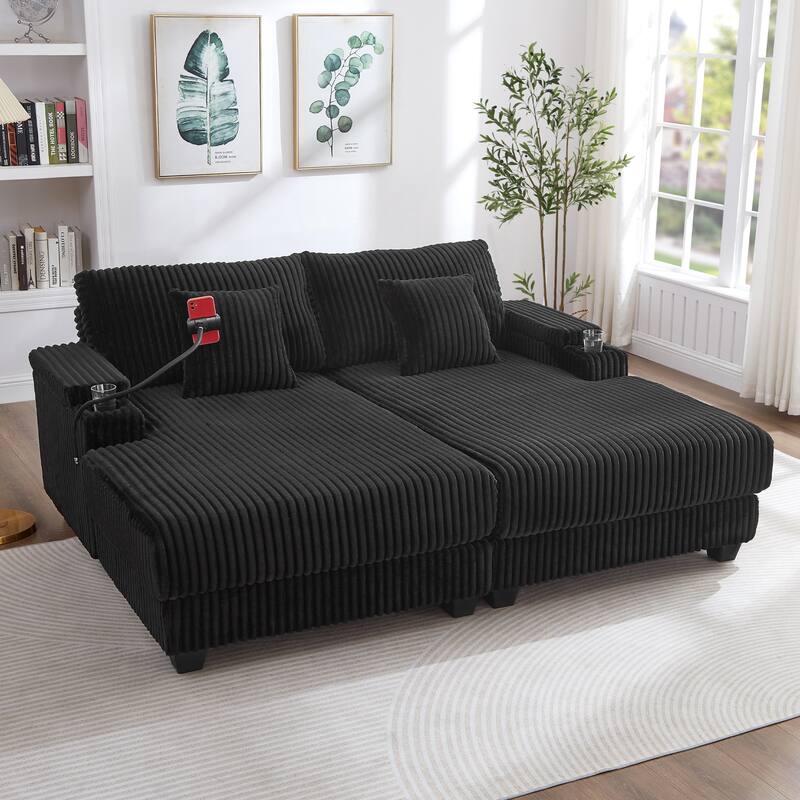 Roomfitters 75 Inch Modern Chaise Lounge Sofa with Adjustable Backrest and Cup Holders, Corduroy