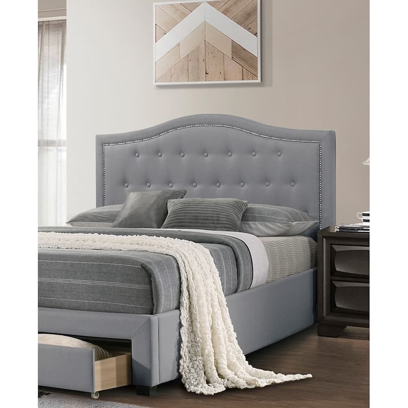 Light Grey Burlap Fabric Twin Size Bed with Drawer, Button Tufted Arch Headboard, Storage Bedframe