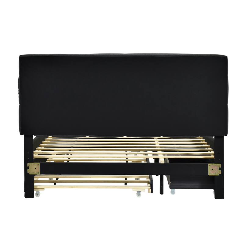 Queen Size Linen Upholstered Platform Bed with Twin XL Trundle and 2 Drawers Wood Storage Bed Frame with LED & Tufted Headboard