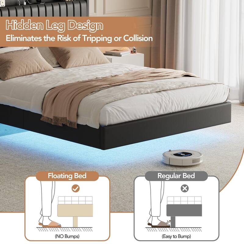 Full/Queen Size Floating Bed Frame with LED Lights, Charging Station, Leather Upholstered Headboard With Storage