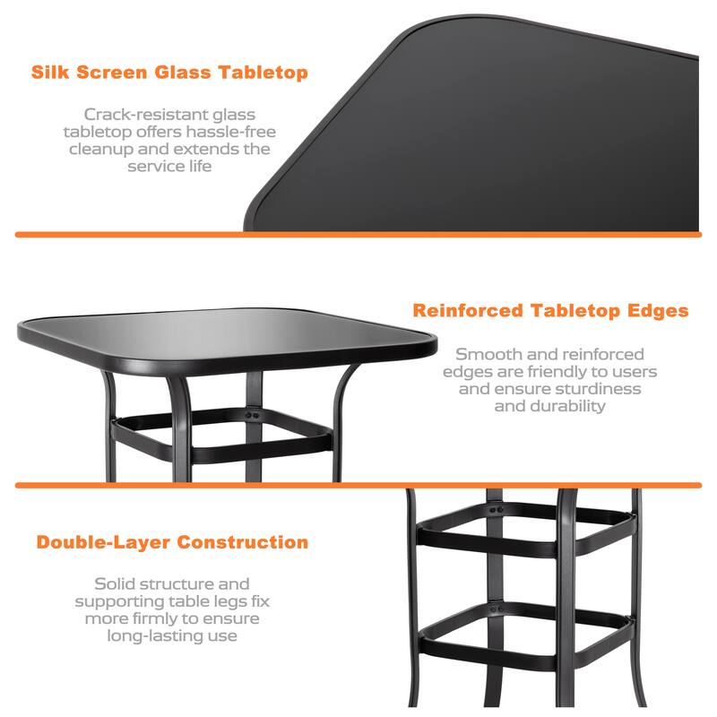 Outdoor Patio Swivel Bar Stool Set with Glass Table, All-Weather Textilene