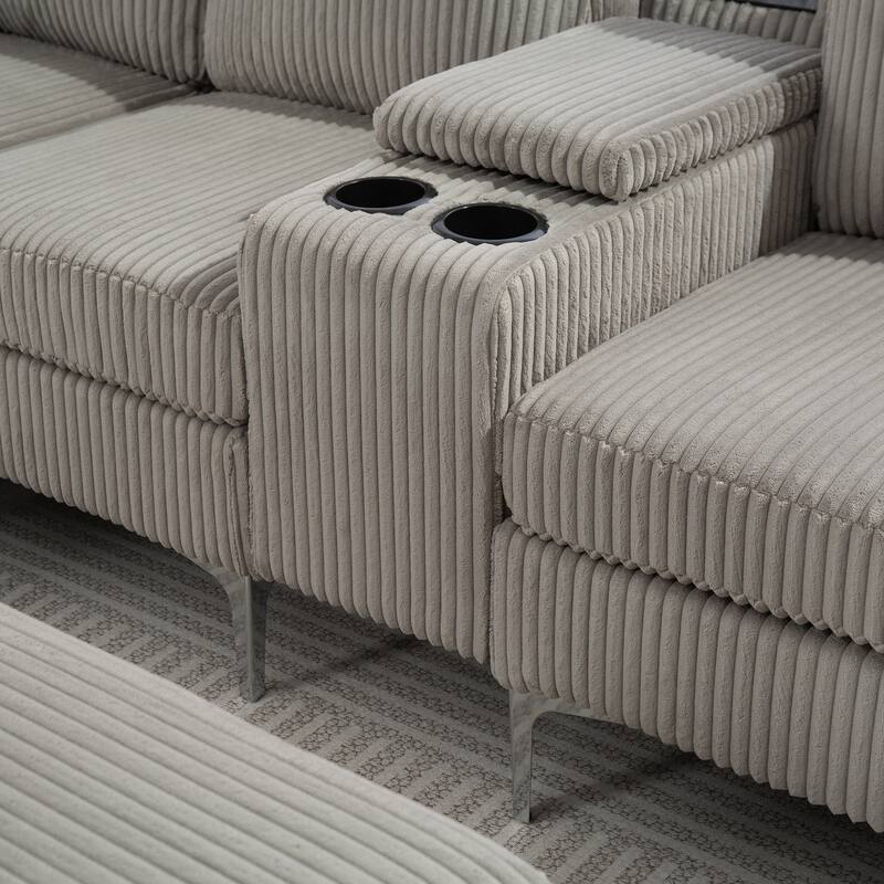 129.14" Corduroy 6-Piece Modular Sectional Sofa with Storage Ottoman, USB Charging and Cup Holders