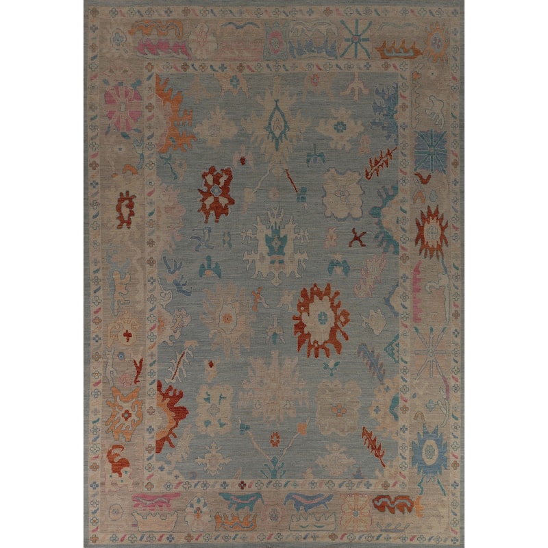 Blue Vegetable Dye Oushak Turkish Large Rug Handmade Wool Carpet - 10'4"x 14'3"