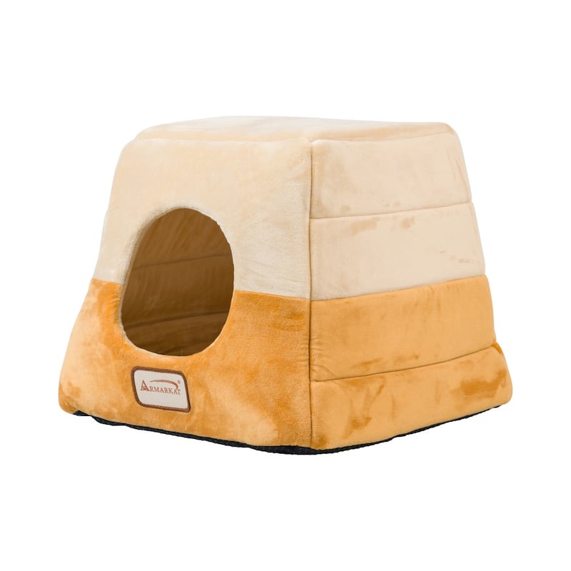 2-In-1 Cat Bed Cave Shape And Cuddle Pet Bed - 14"L x 14"W x 15"H - Brown and Beige
