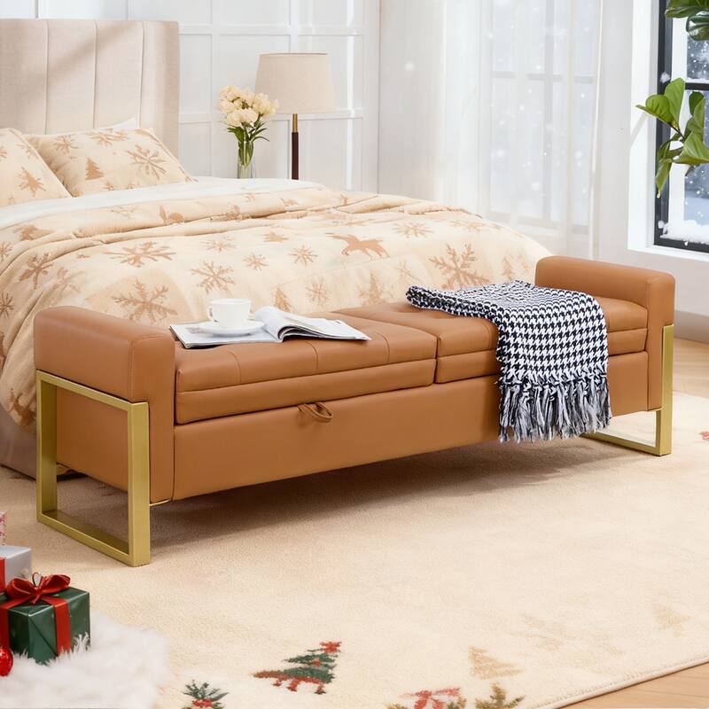 66" Storage Bench King Size End of Bed with Double Lids and Gold Legs