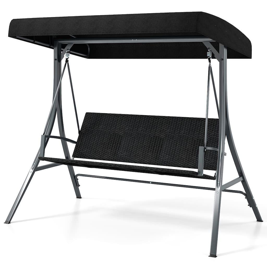 3-Person Porch Swing with Stand Outdoor Canopy Swing with Rattan Seat Back-Black - Multi