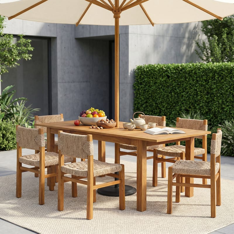 Christopher Knight Home - 7-Piece Acacia Wood Outdoor Dining Table Set with Wicker Dining Chairs and 79" Expandable Table - Light Brown+Natural Stained