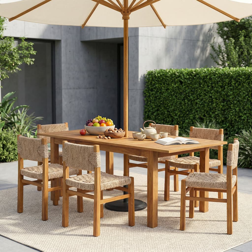 Christopher Knight Home - 7-Piece Acacia Wood Outdoor Dining Table Set with Wicker Dining Chairs and 79" Expandable Table
