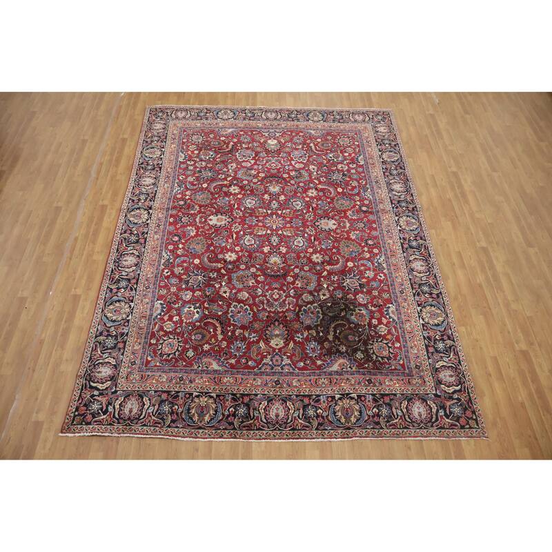 Hand Knotted Oriental 100% Wool Carpet Traditional All-Over Red Mashad Area Rug - 12' 2'' X 8' 11''