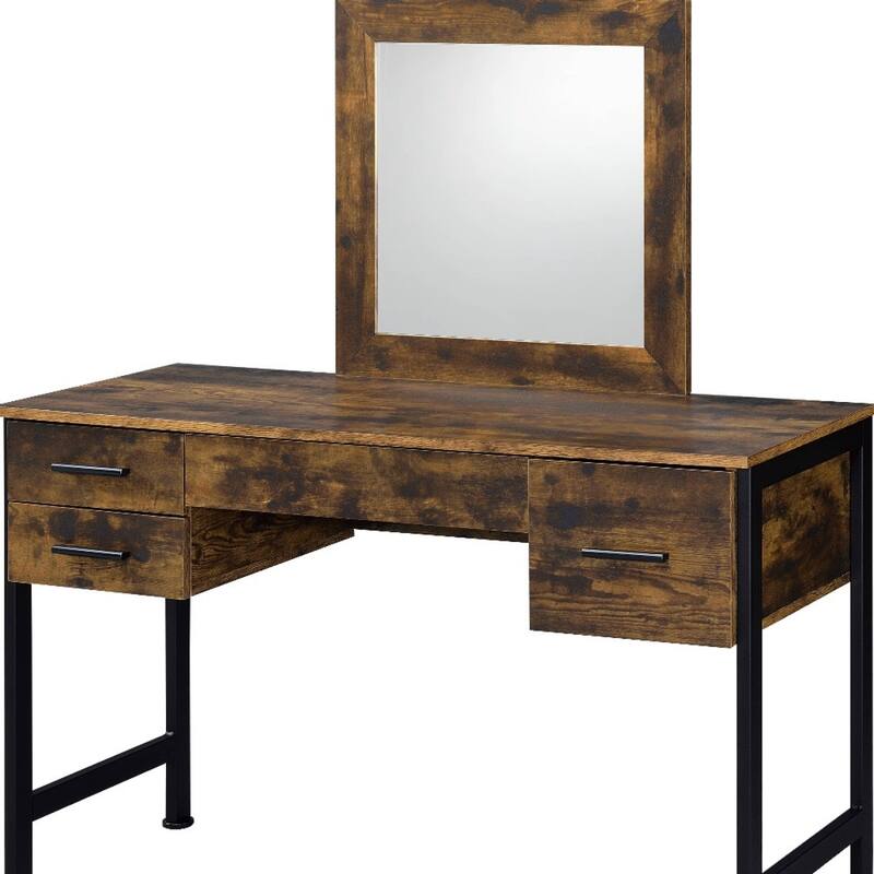 Black Oak Mirrored Vanity Table with 4 Drawers and Mirror Matte Finish - 18” D x 47” W x 53” H