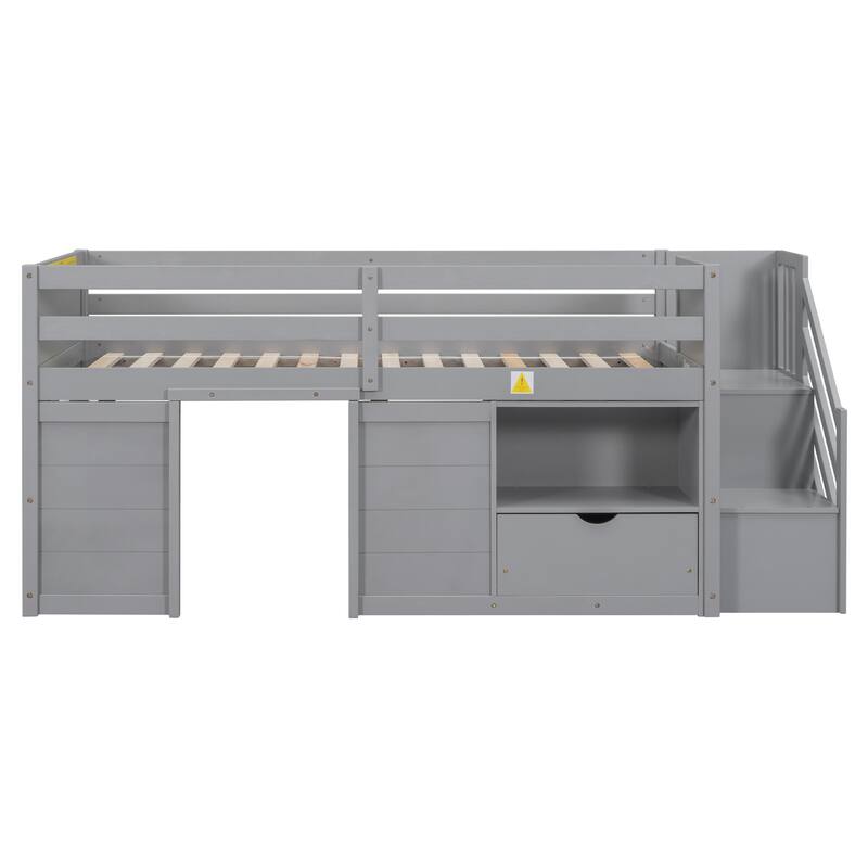 Twin Bed Solid Wood Twin Size Low Loft Bed with Stair, Drawer and Shelf - Grey