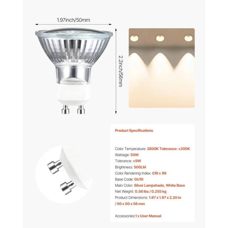 Halogen Light Bulb 50W 2800K 450LM CRI 99 Dimmable Spotlight for Track and Downlights - White - 1.97 x 1.97 x 2.20 in