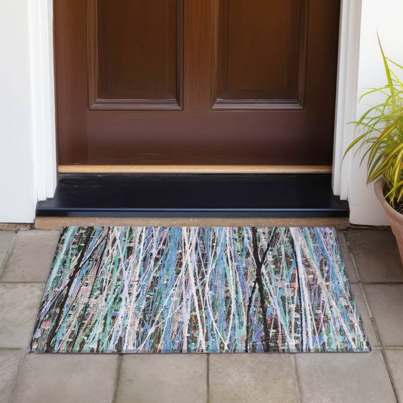 Machine Washable Indoor/Outdoor Abstract Stripes Chantille Rug - Blue - 1'8" x 2'6"
