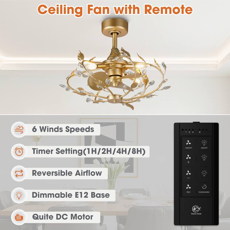 24" Modern Gold Leaves Crystal Caged Ceiling Fan Chandelier with Remote