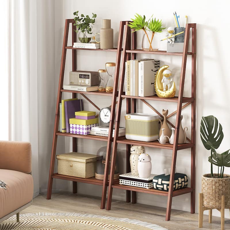 Gymax 2 PCS 4-Tier Bamboo Ladder Bookshelf 58'' Display Shelf Storage