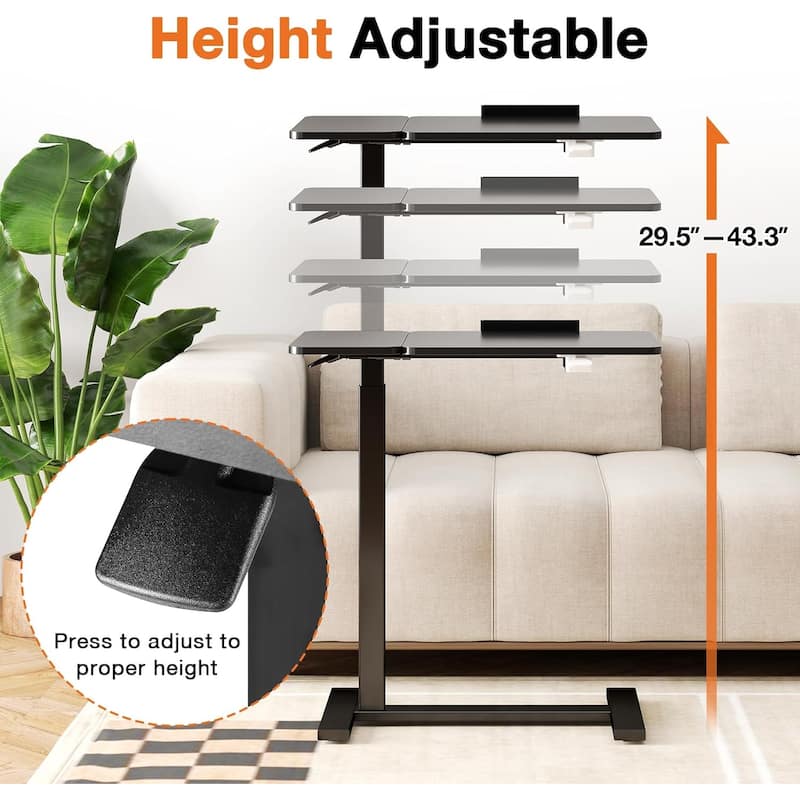 Overbed Bedside Table, Mobile Standing Desk Adjustable Height, Small Rolling Laptop Computer with Wheels, Tiltable Desktop