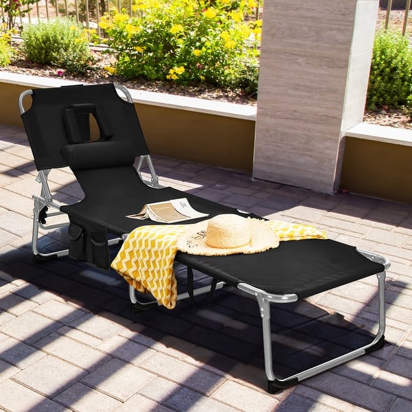 slide 2 of 11, Gymax Portable Beach Chaise Lounge Chair Folding Reclining Chair w/ Black