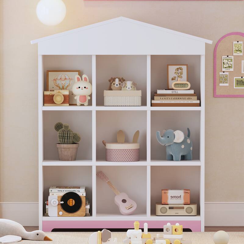 House shaped Storage Rack with Nine Storage Compartments,Three layer Bookshelf with Colorblock Design