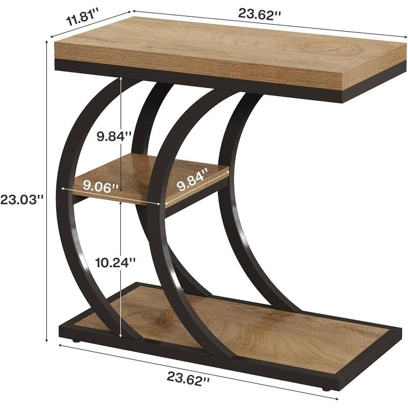 End Table for Living Room, 3-Tier Narrow Wood Couch C-Shaped Side Table