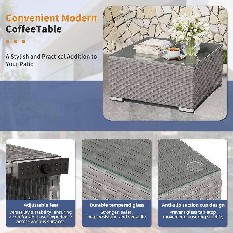 7-piece Outdoor Patio Grey Wicker Rattan Cushioned Sectional Sofa Conversation Set